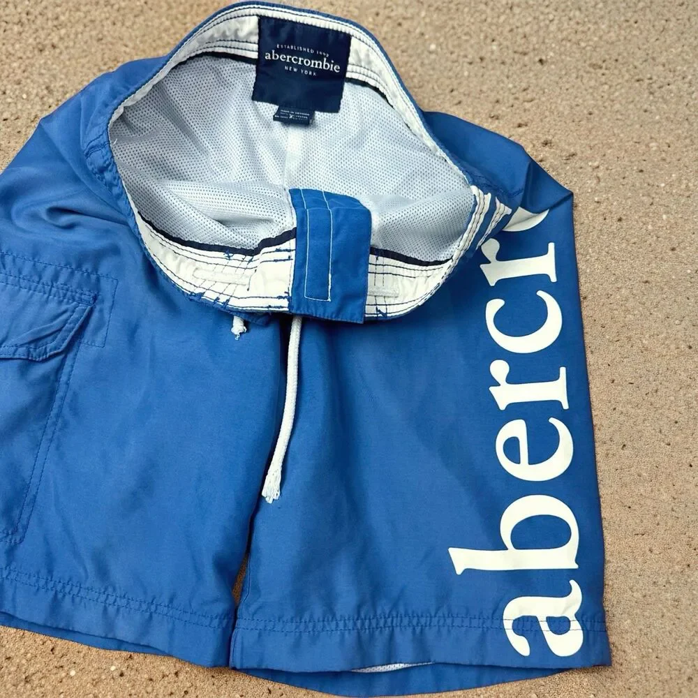 Abercrombie & Fitch Men's Blue Logo Board Shorts Y2K Swim Trunks Size 29